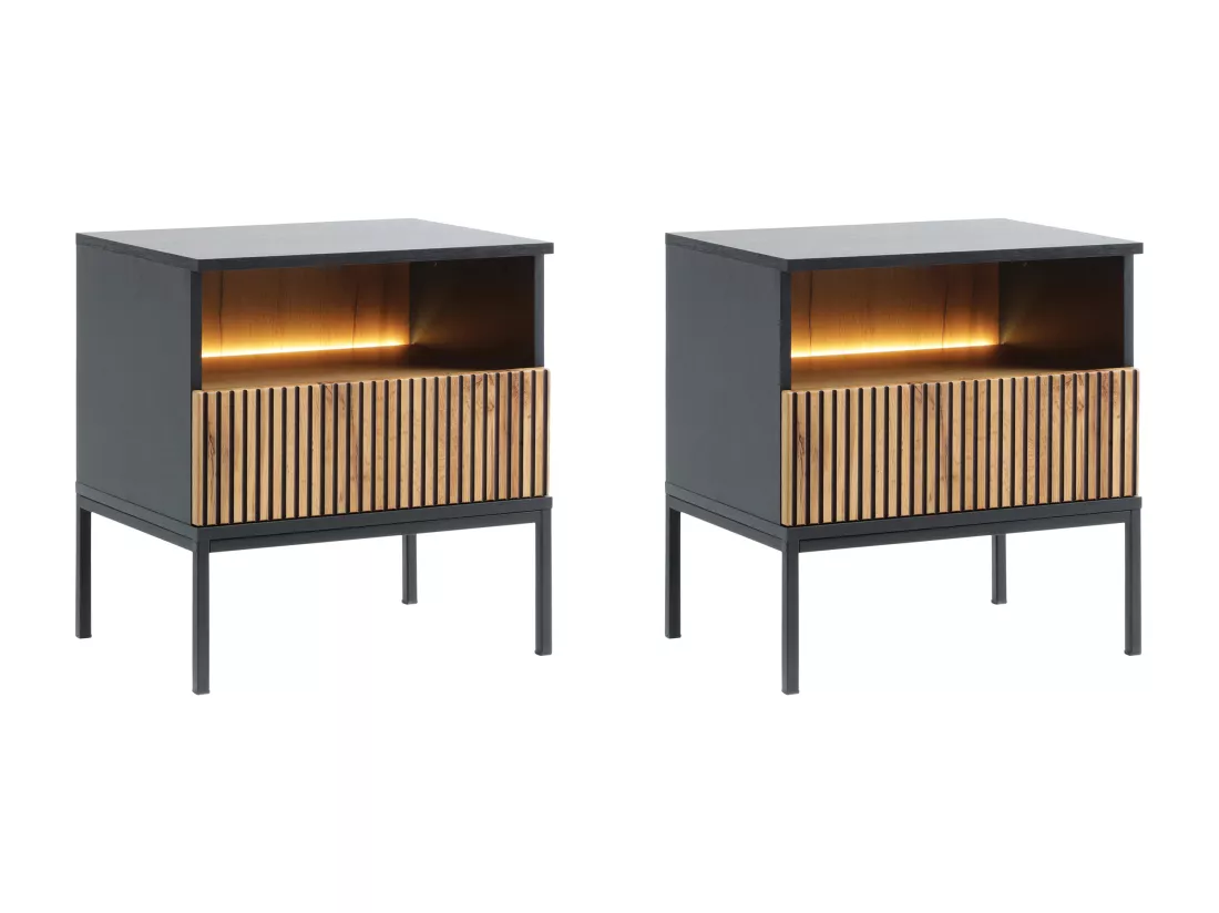 Lot de 2 tables de chevet avec 1 tiroir et 1 niche - Avec LEDs - Noir et naturel - OVILA