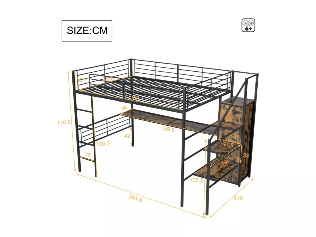 Lit mezzanine 140x200cm en métal - avec bureau、armoire et échelle de rangement - Noir