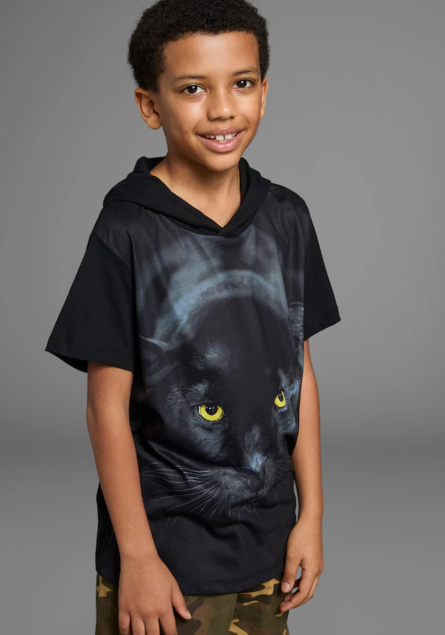 KIDSWORLD T-Shirt », Kapuzen-T-Shirt mit Fotoprint: PANTHER«, Kurzarm,  modische Passform,  mit stylischem Druck