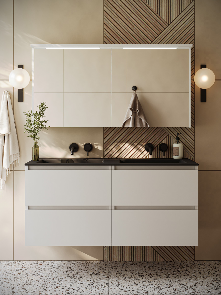 Fontana Rovigo badmeubel 120cm wit mat met zwarte wastafel zonder kraangaten en spiegelkast met verlichting