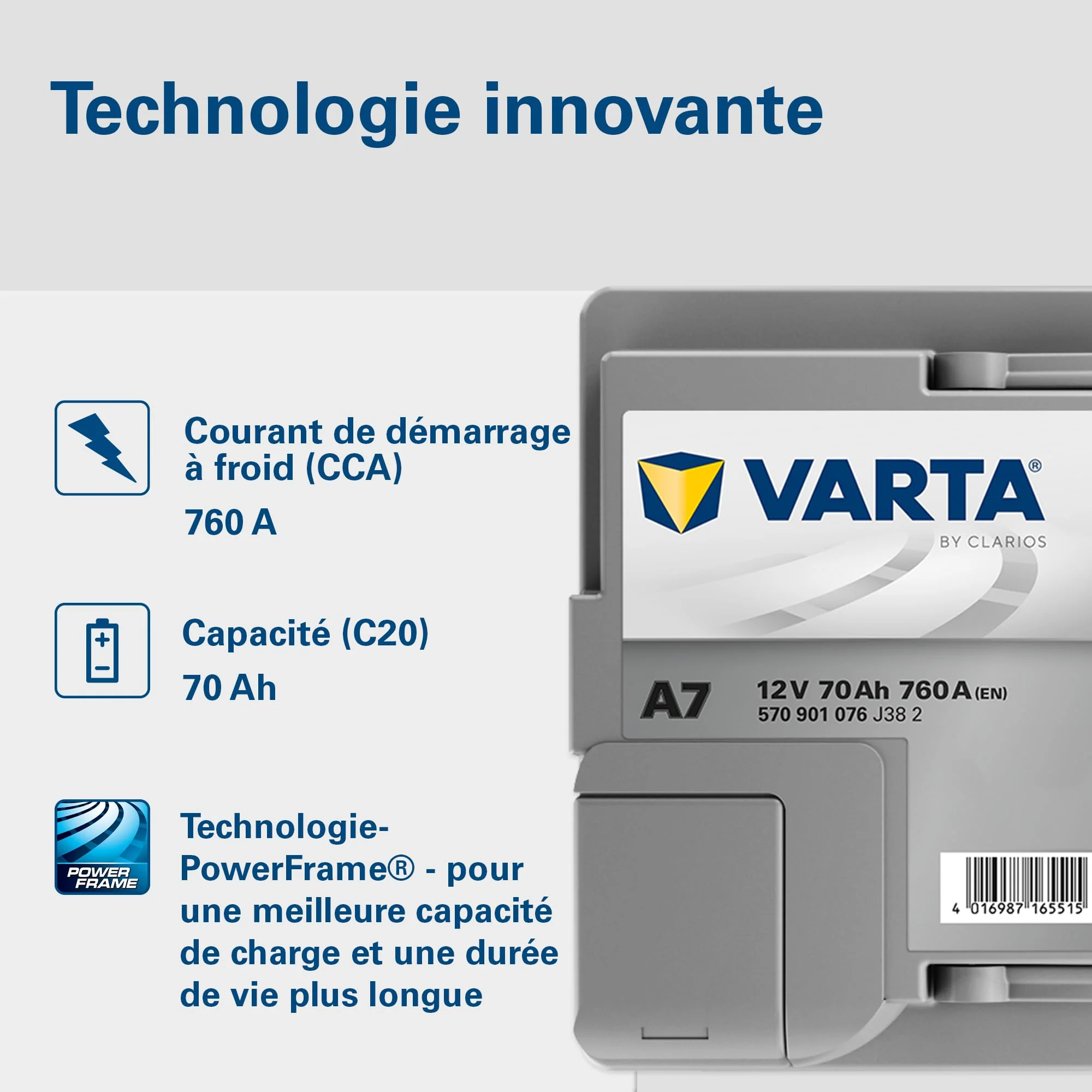 Batterie de démarrage XEV Varta Silver Dynamic AGM L3 A7 12V 70Ah / 760A 570901076