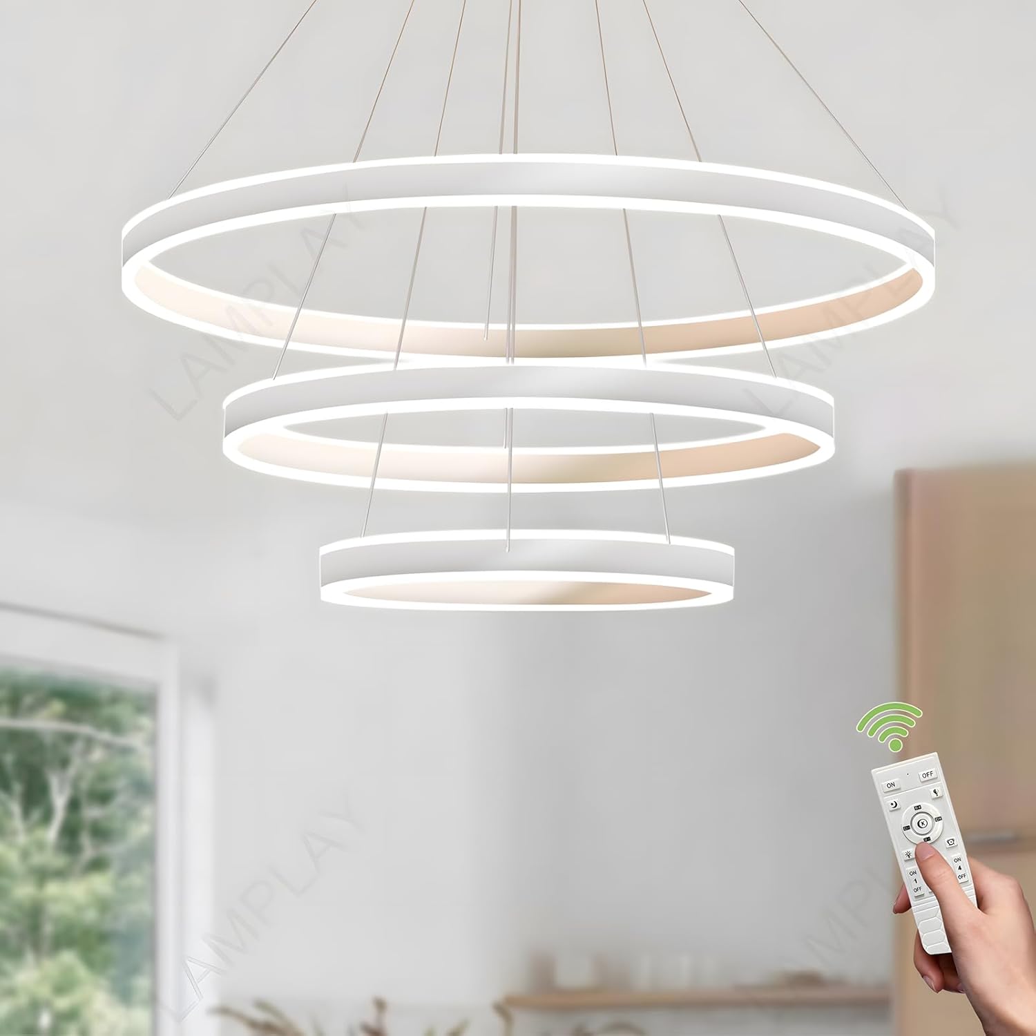 Runde Moderne LED-Pendelleuchte, 3 Weiß Ring-Kronleuchter, Dimmbar Mit Fernbedienung 3000K-6000K Deckenleuchte, Höhenverstellbar, Foyer, Wohnzimmer, Schlafzimmer, Esszimmer(Ø40+60+80cm)