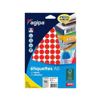Apli Agipa - Etui A5 - 960 Pastilles rouges - diamètre 15 mm - réf 114313
