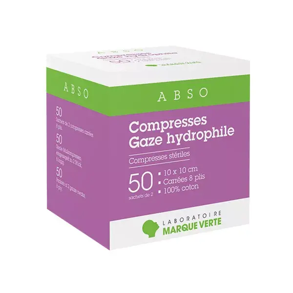 Compressas estéreis Green Brand, gaze hidrofílica, 10cm x 10cm, 50 x 2 compressas