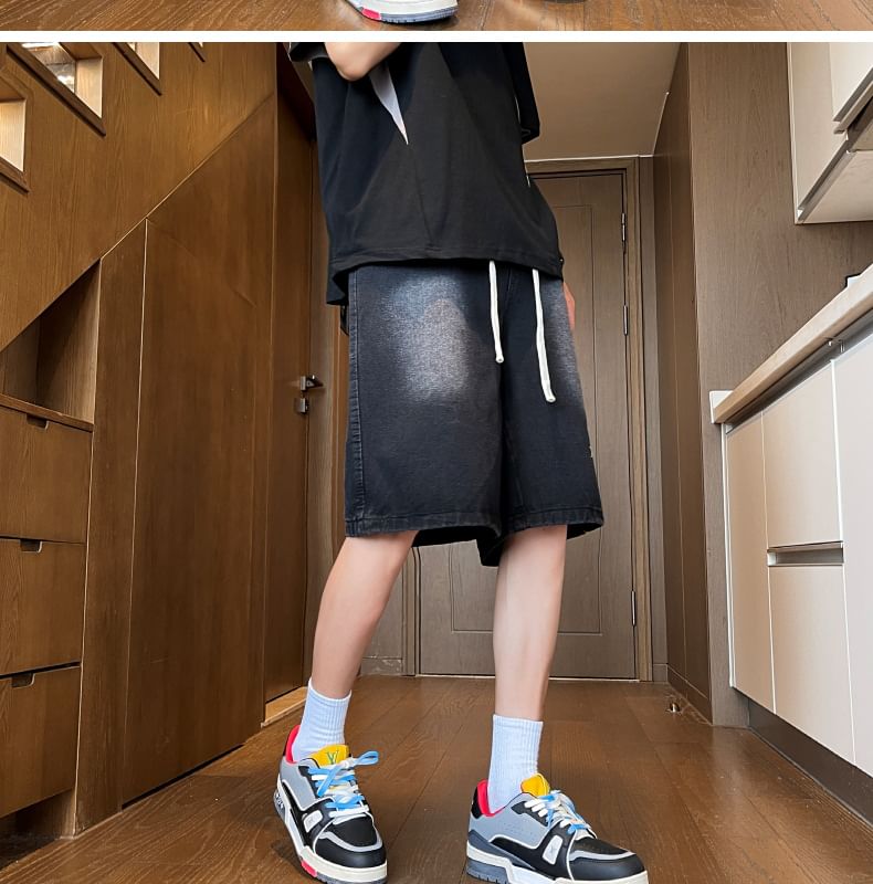 Hushgrain - Geborduurde gewassen denim shorts met trekkoordtaille