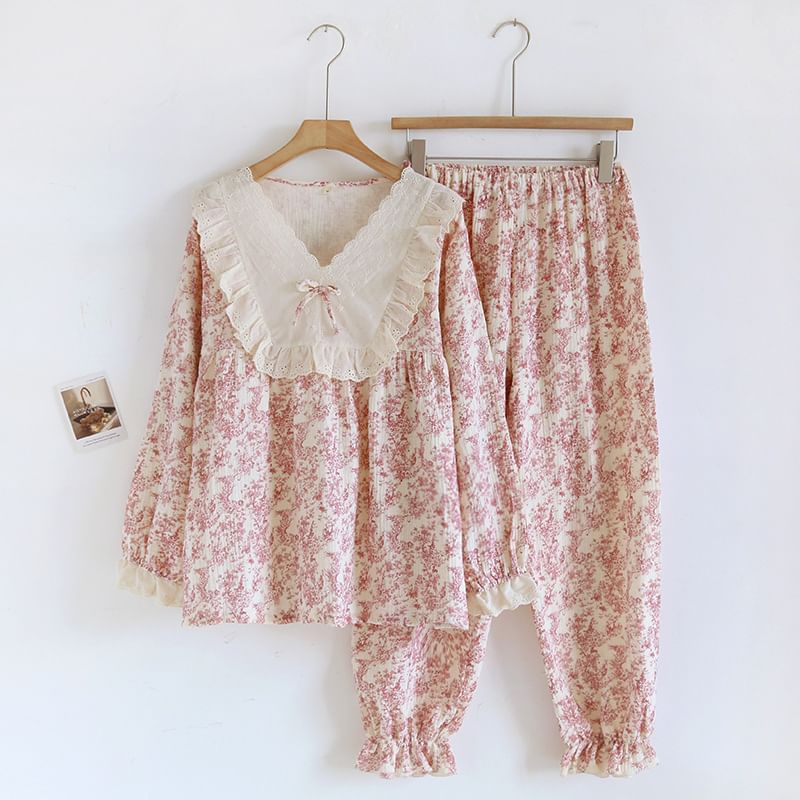 molpes - Pyjamaset: top met lange mouwen, kanten rand en strik + broek