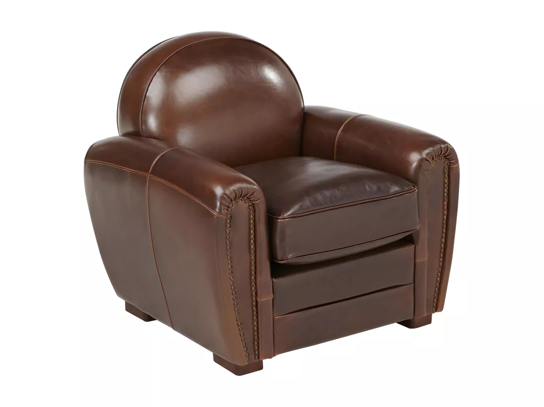 Fauteuil club 100% cuir vieilli BAUDOIN - Marron