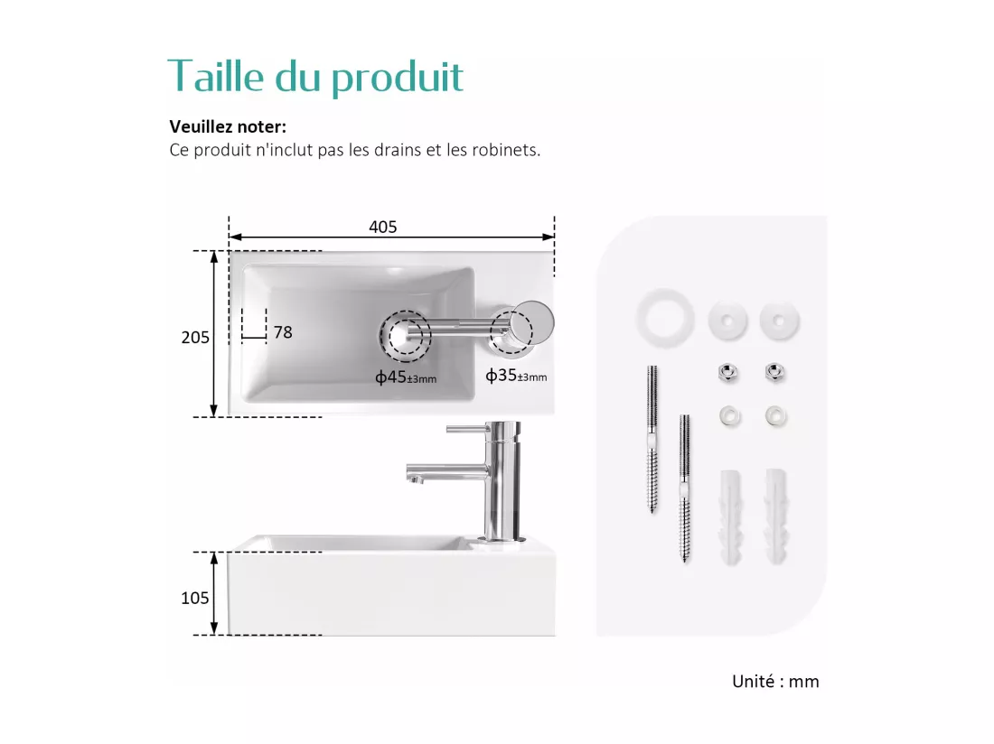 EMKE Vasque à Poser en céramique 40,5×20,5×10,5cm, Lavabo suspendu rectangulaire avec robinet trou prépercé, blanc brillant