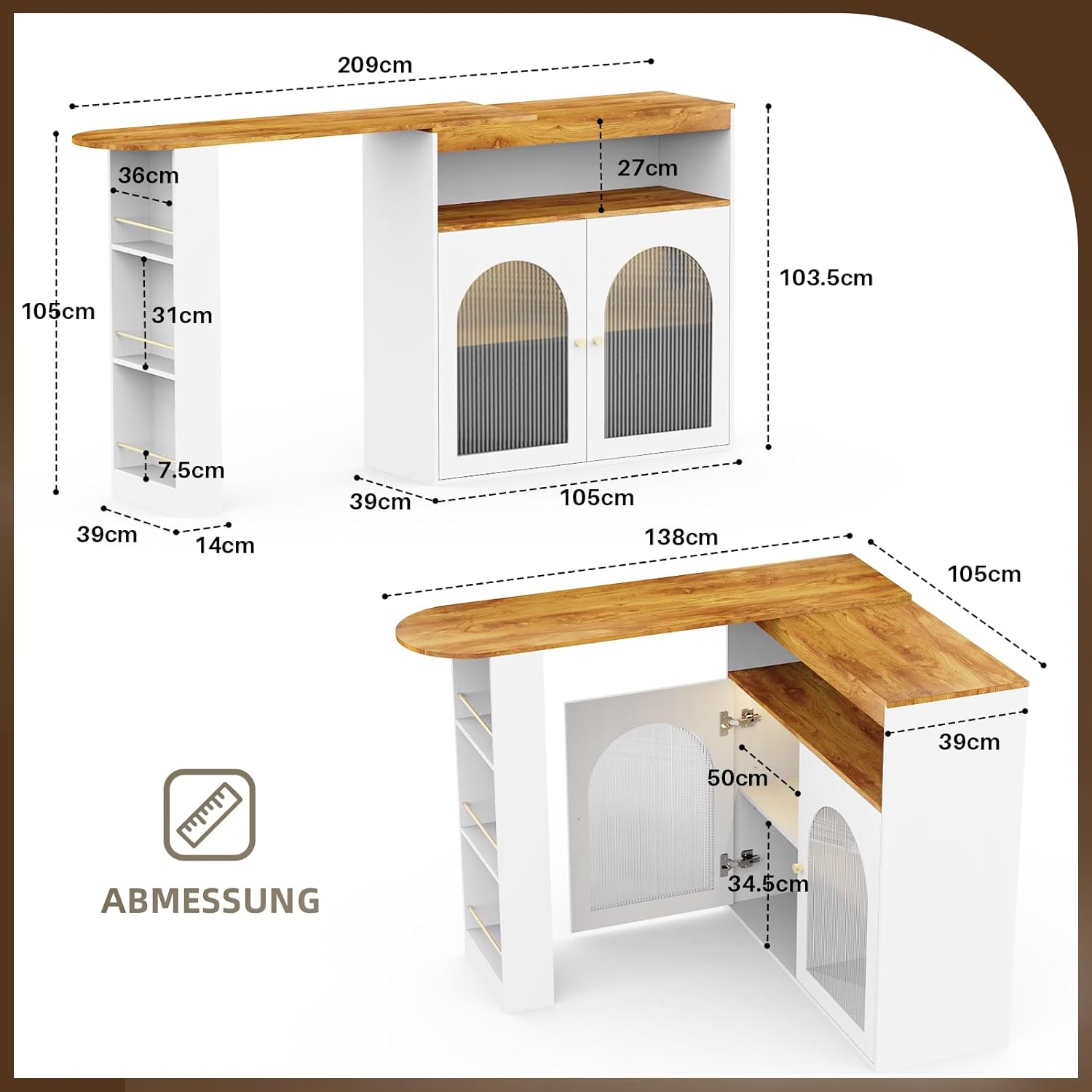 Ausziehbarer Bartisch 138–193 cm mit Stauraum, Drehbarer Stehtisch & Esstisch, Bistrotisch für Esszimmer und Küche, mit LED Beleuchtung, Weiß