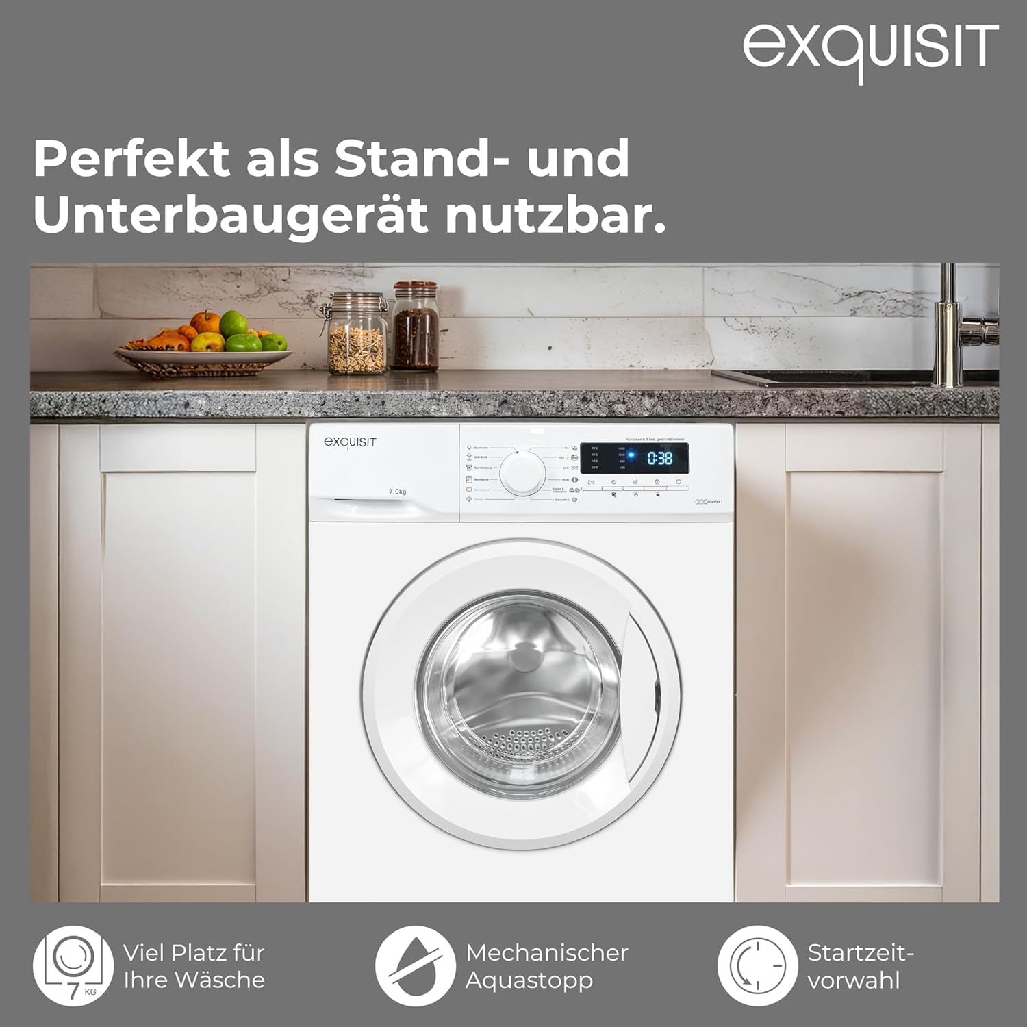 Exquisit PLUS Waschmaschine | 7 kg Nennkapazität, Energieklasse A, 1400 U/Min, 76 dB(A) | kompakte Bauform, 12 Programme, Eco 40-60, Kurzprogramm, Startzeitverzögerung | WA57014-020A weiss