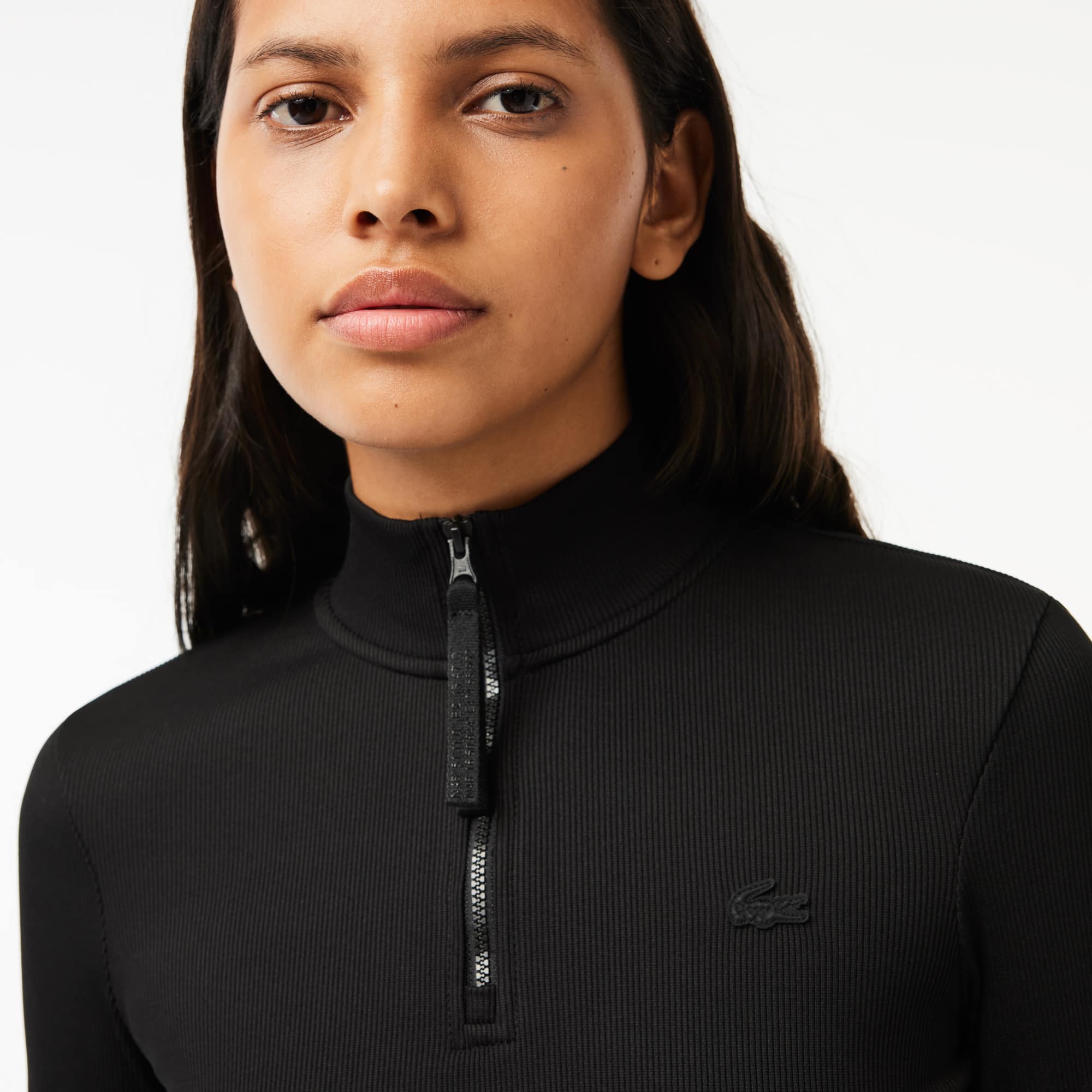Polo manches longues col zippé en maille côtelée Manches Longues - Noir - Lacoste - Femme