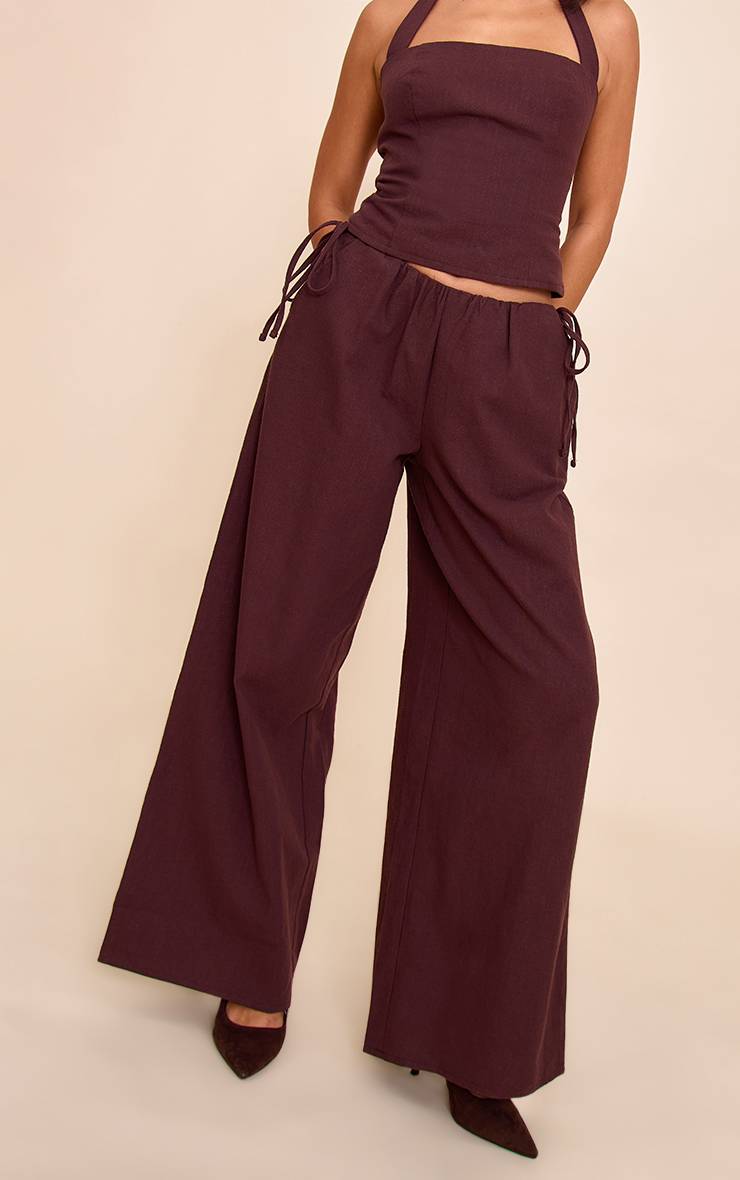 Chocolat Pantalon Large En Lin Premium Avec Détail Nœuds Latéraux