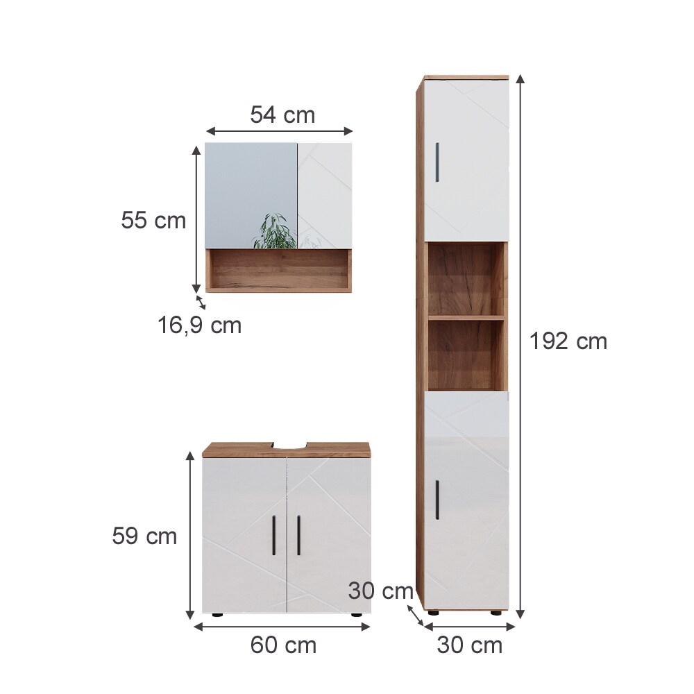 Vicco Badmöbelset Irma Eiche Weiß Hochglanz modern Badezimmerschrank Badschrank Badezimmermöbel Waschtischunterschrank Spiegelschrank Hochschrank Schranktür Schrankfach
