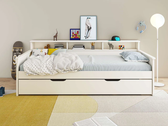 Home affaire Jugendbett »KERO, Daybed, Stauraumbett, platzsparend, Stauraum, 90x200cm« zertifiziertes Massivholz, mit Ablagefächern, Schublade optional