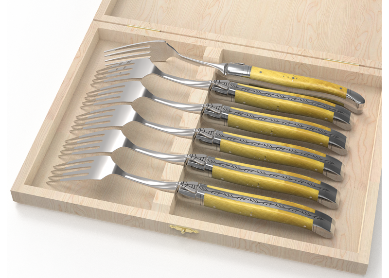 Service de 6 fourchettes Laguiole avec un manche en buis et mitres en acier inoxydable
