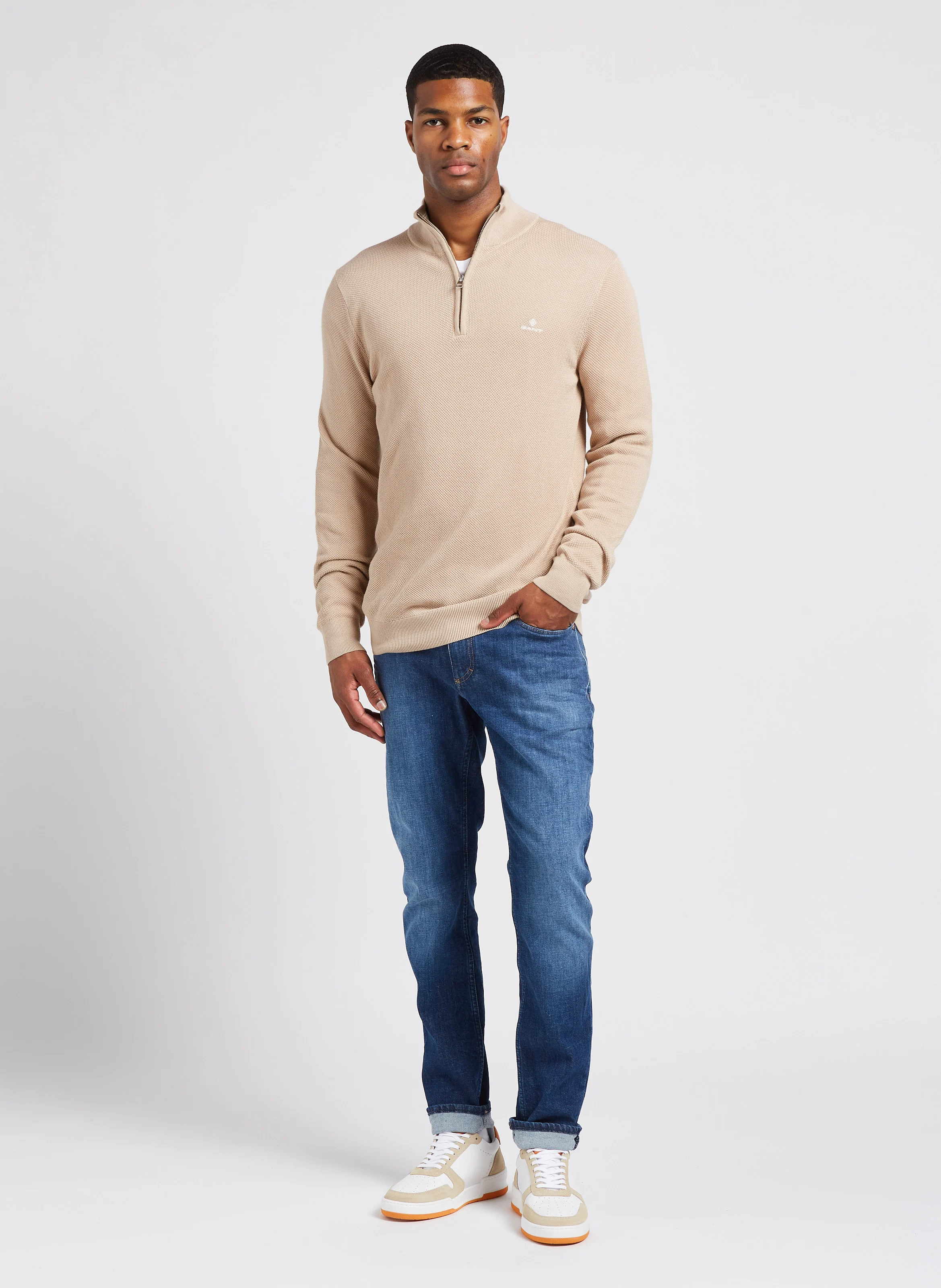COTTON PIQUE HALF ZIP - Pull col montant zippé regular-fit en coton | Gris