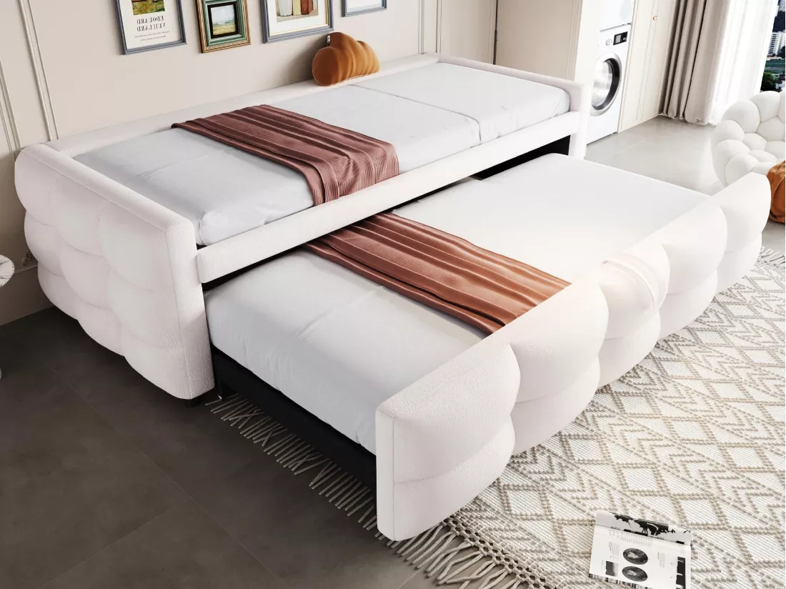 Lit gigogne 90/180x190 cm en velours - avec sommier à lattes - Beige