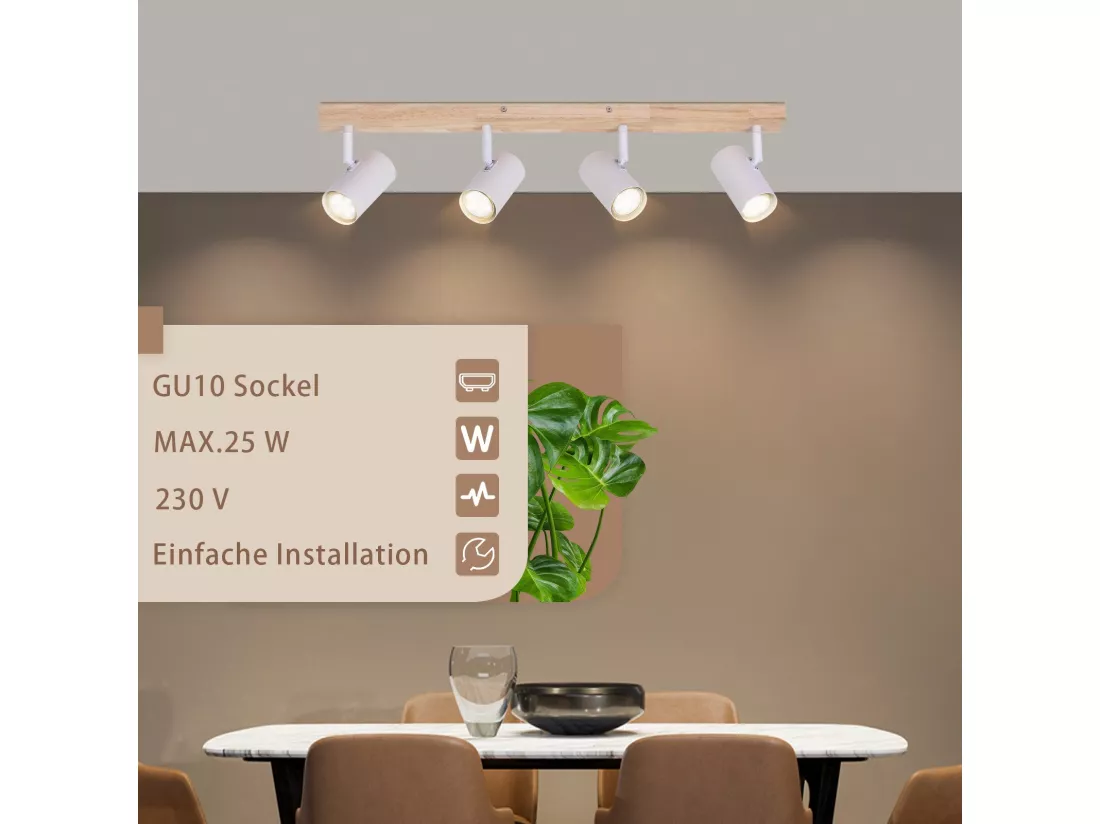 NETTLIFE Spot de Plafond 4 Ampoules Plafonnier en Bois Blanc GU10 Vintage Pivotant 350°