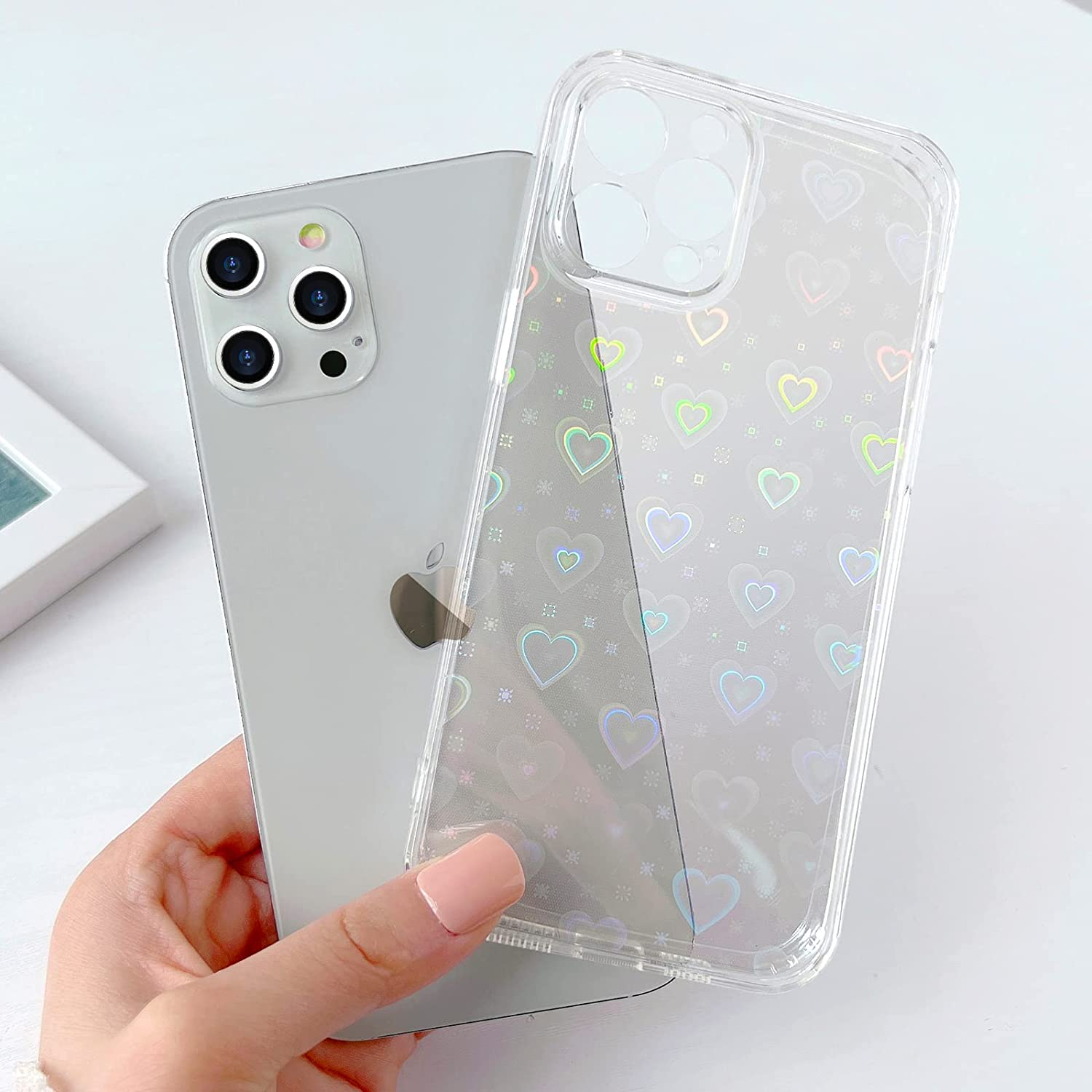 iPhone 16 Hybrid Hülle TPU Bumper   Laser Hologramm Glitzer Herze - Transparent