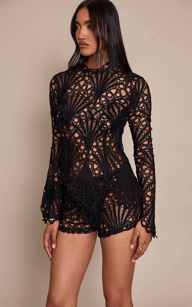 Noir Short Taille Haute En Dentelle Florale