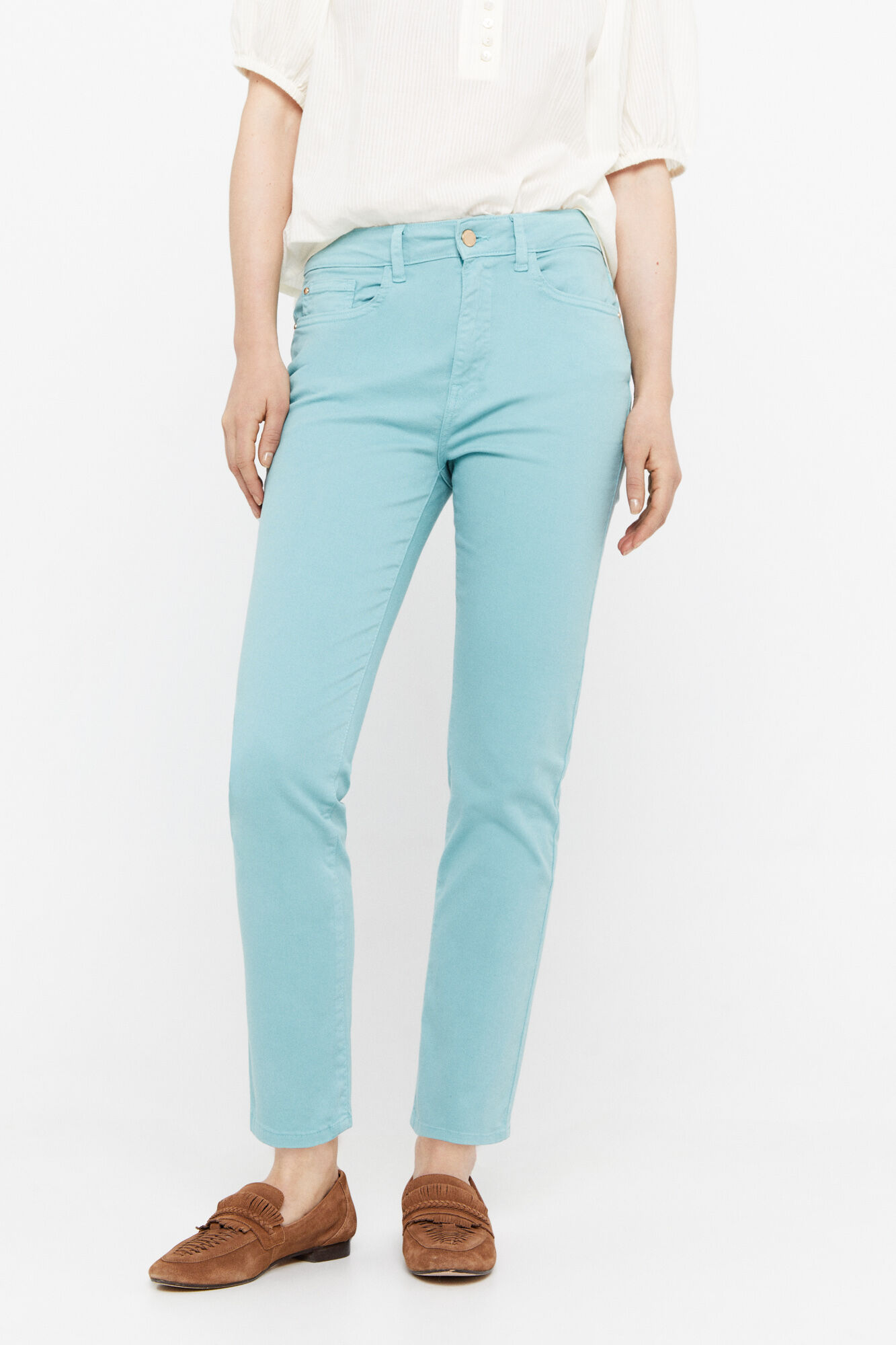 Calça jeans cropped de 5 bolsos - Turquesa