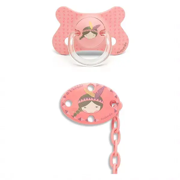 Chupeta de silicone Suavinex Physio 4-18 meses + prendedor indiano rosa