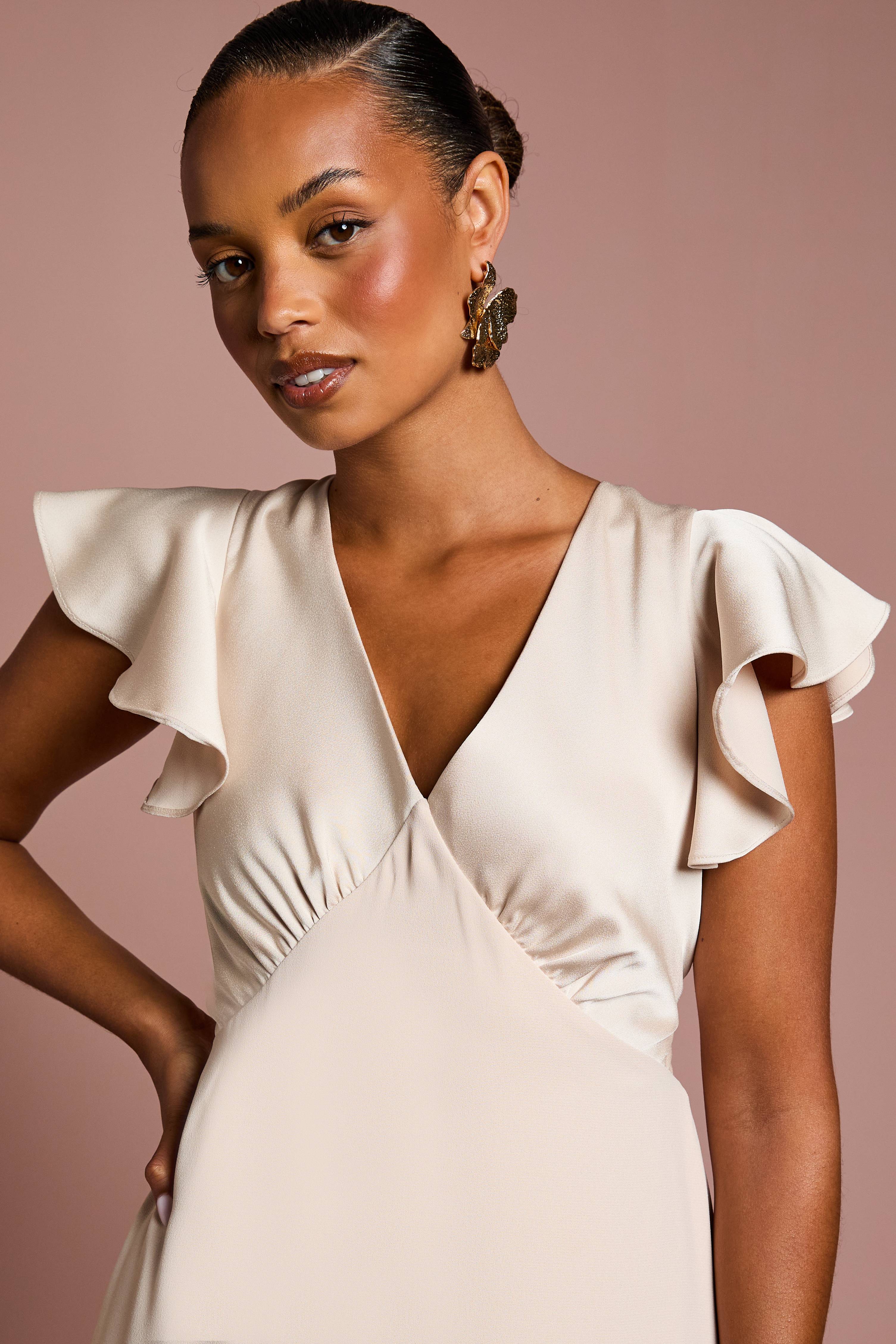Coast Robe de Demoiselle d'Honneur Maxi Coast Honoured Petite Col V Manches Courtes Angel en Satin