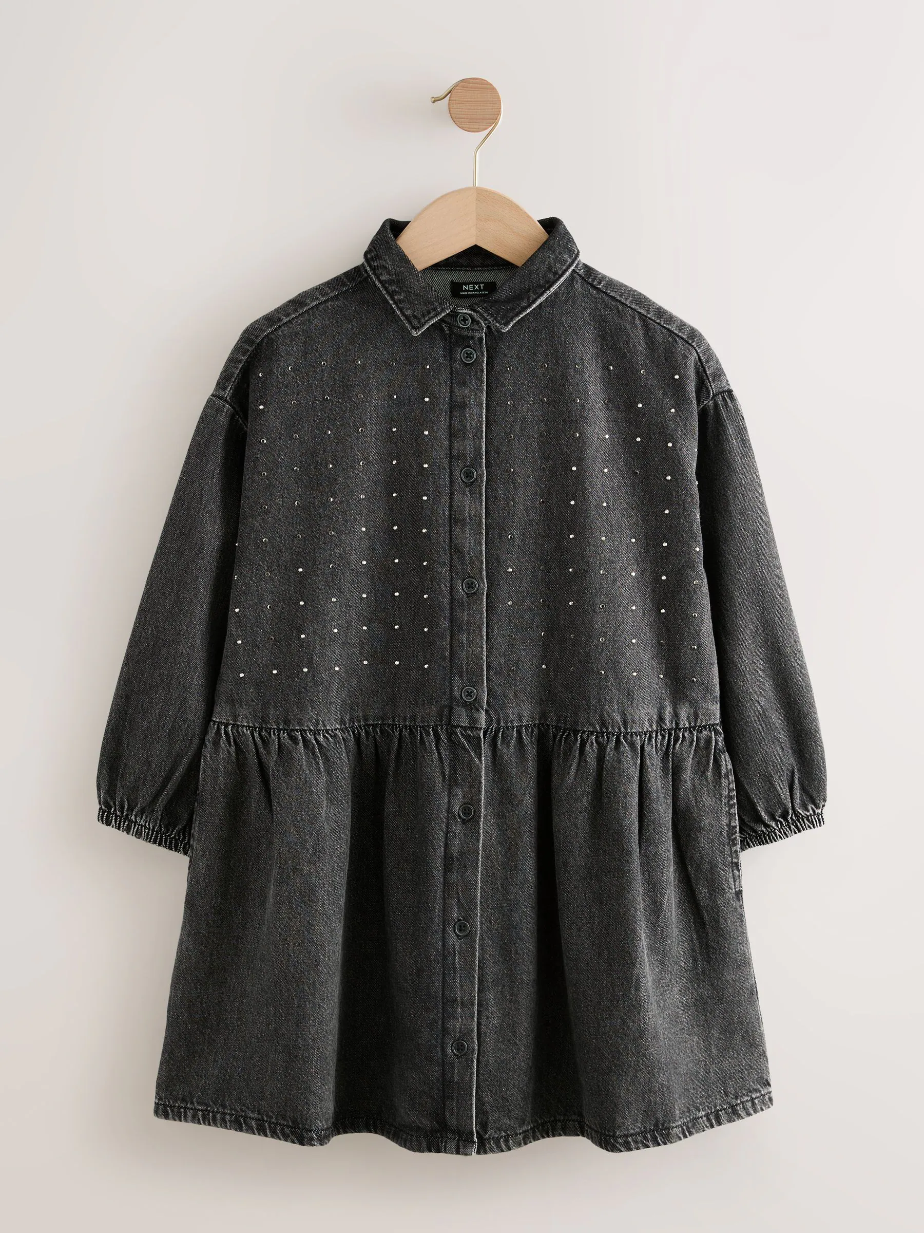 Zwarte wassing - Denim overhemdjurk met strass (3-16jr)