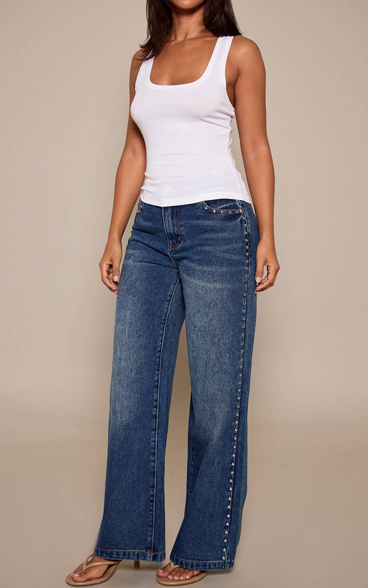 Mid Blue Wash Jean Petite Bleu Moyen À Clous Jambes Larges