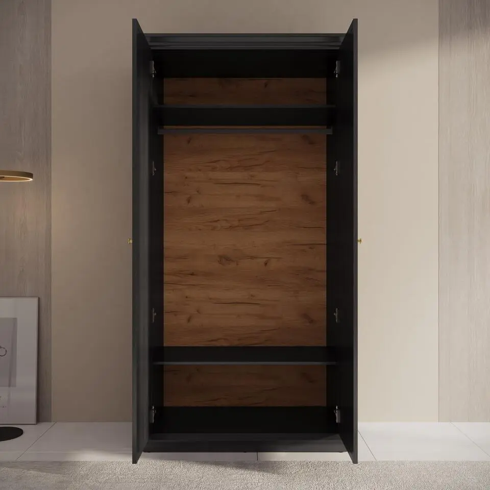 Meubella - Kledingkast Leroy - Zwart eiken - 102 cm - Met spiegel