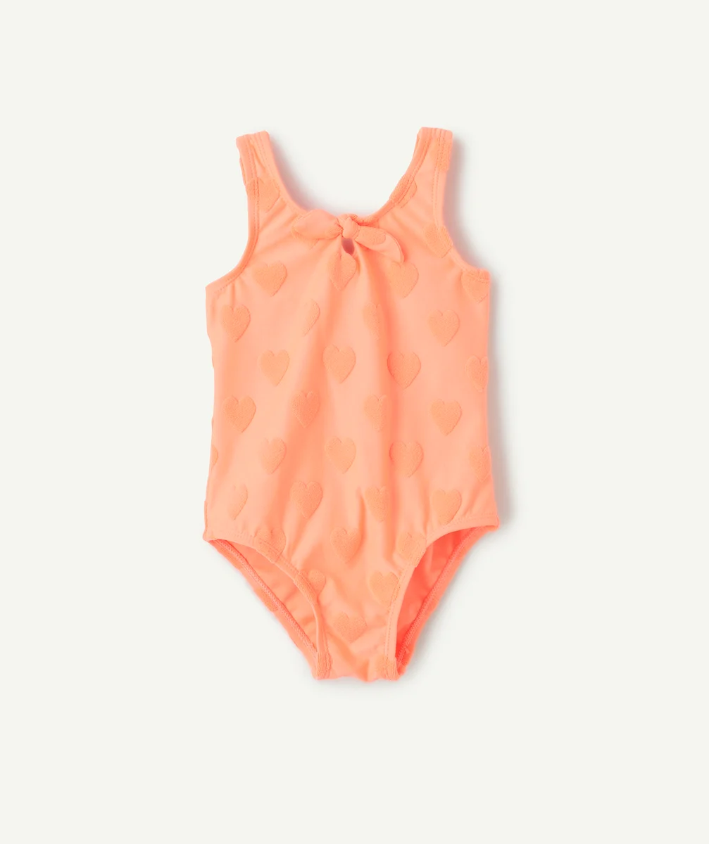 maillot de bain 1 pièce bébé fille en fibres recyclées orange fluo imprimé coeur