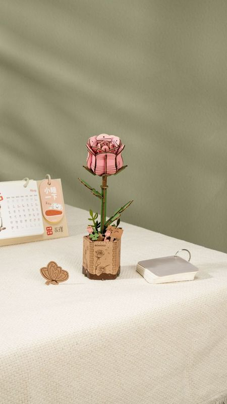 (104-tlg. Set) Rowood 3D Holz Puzzle DIY Modell Bausatz Home Deko Blume für Erwachsene (TW041) - Pinke Rose