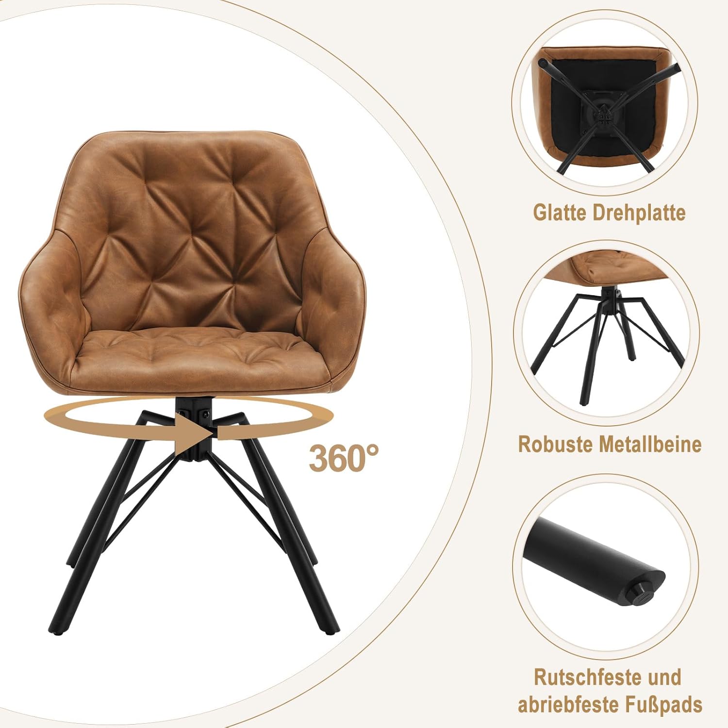 WOLTU Esszimmerstühle drehbar 4er Set, Armlehnstühl 360° drehbar, Essstühl, Küchenstühl, Polsterstühl, Armlehnstühl, für Esszimmer, Wohnzimmer,mit Metallbeinen Kunstlederbezug, Hellbraun EZS61hbr-4