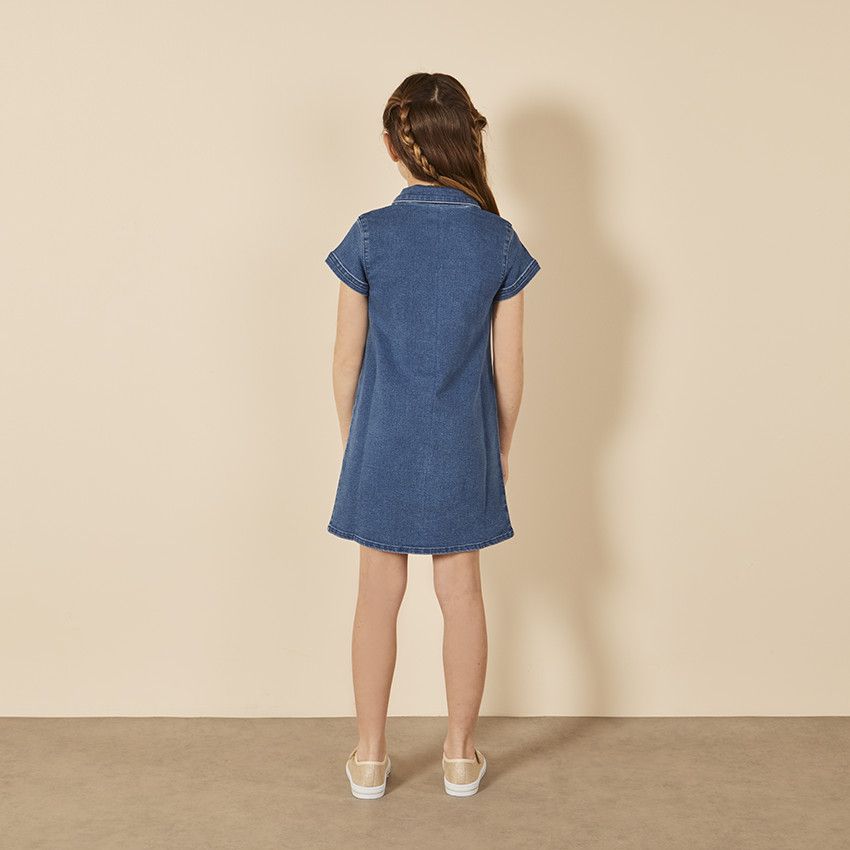 Robe chemise manches courtes effet jean pour fille - Bleu