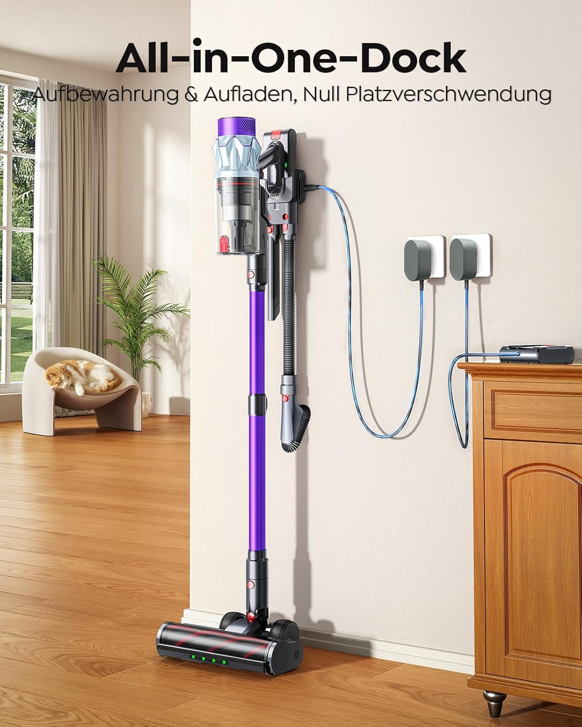 Akku Staubsauger 600W/50kPa/65Min, Staubsauger Kabellos mit 1M Schlauch, Aromatherapie, Wandladestation, Staubbehälter-Schaber(1,5L), Automatikmodus, für Tierhaare Teppiche Hartböden Auto