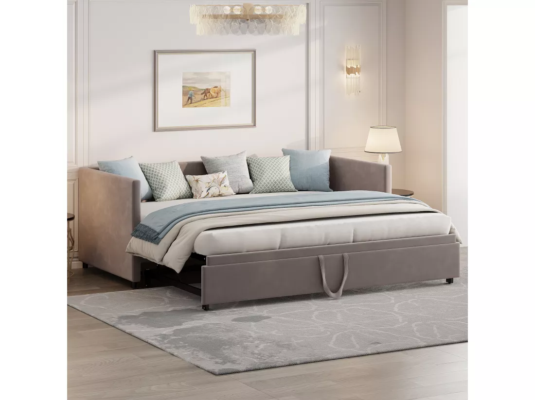 Canapé-lit gigogne 90/180*200 cm avec sommier à lattes tissu velours doux pour la peau gris