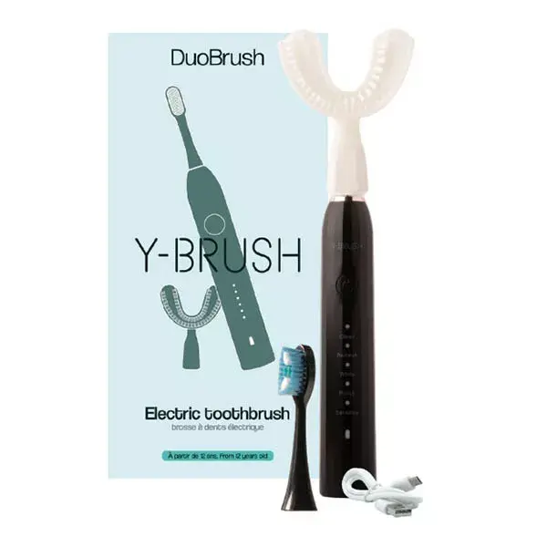 Escova de dentes elétrica Y-Brush DuoBrush, escovação rápida em formato de Y e escovação tradicional.
