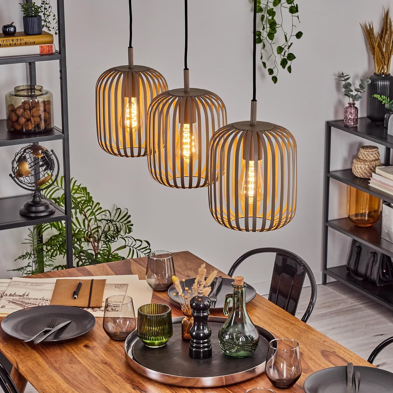 HOFSTEIN Hängeleuchte Bystrup, 3-flammige Hängelampe aus Metall in Sandfarben/Beige, Leuchte im modernen Boho-Design (Ø Schirme 20,5 cm), E27, Pendelleuchte max. 110 cm, Esszimmer, Wohnzimmer, Küche