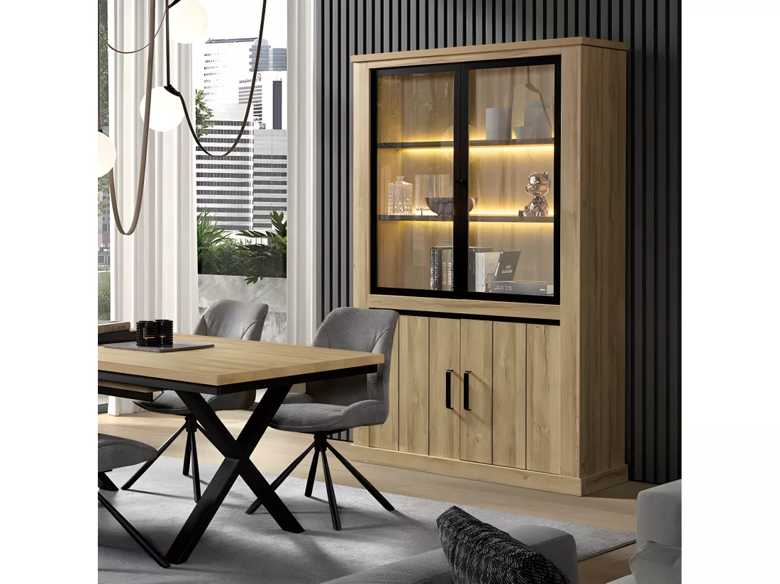 LORENZO - Argentier 4 Portes avec Leds Aspect Bois Chêne Clair Finition French Oak