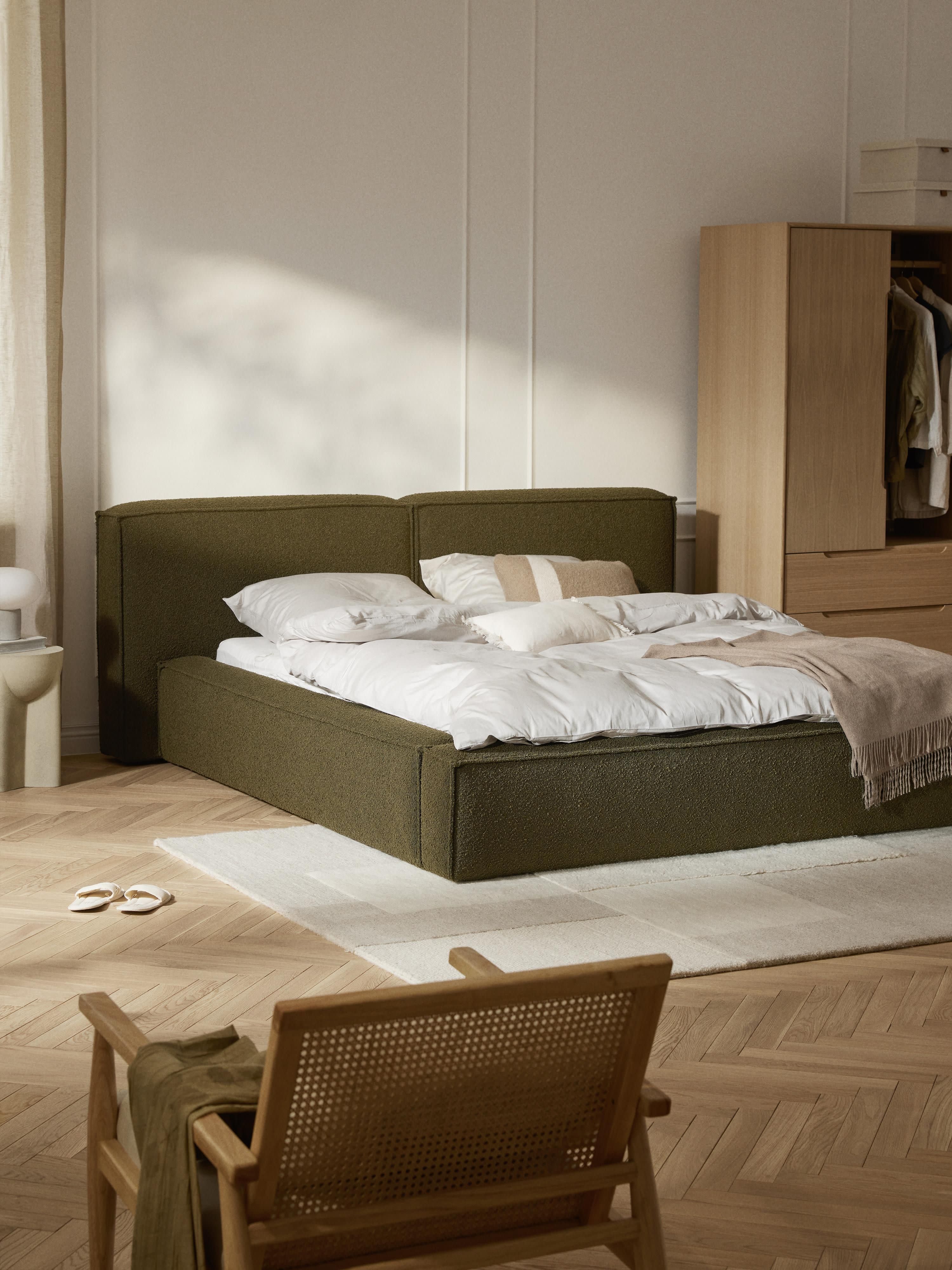 Bouclé gestoffeerd bed Lennon met opbergruimte
