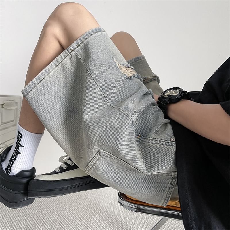 Lorencho - Mid Rise Distressed Washed Denim Shorts