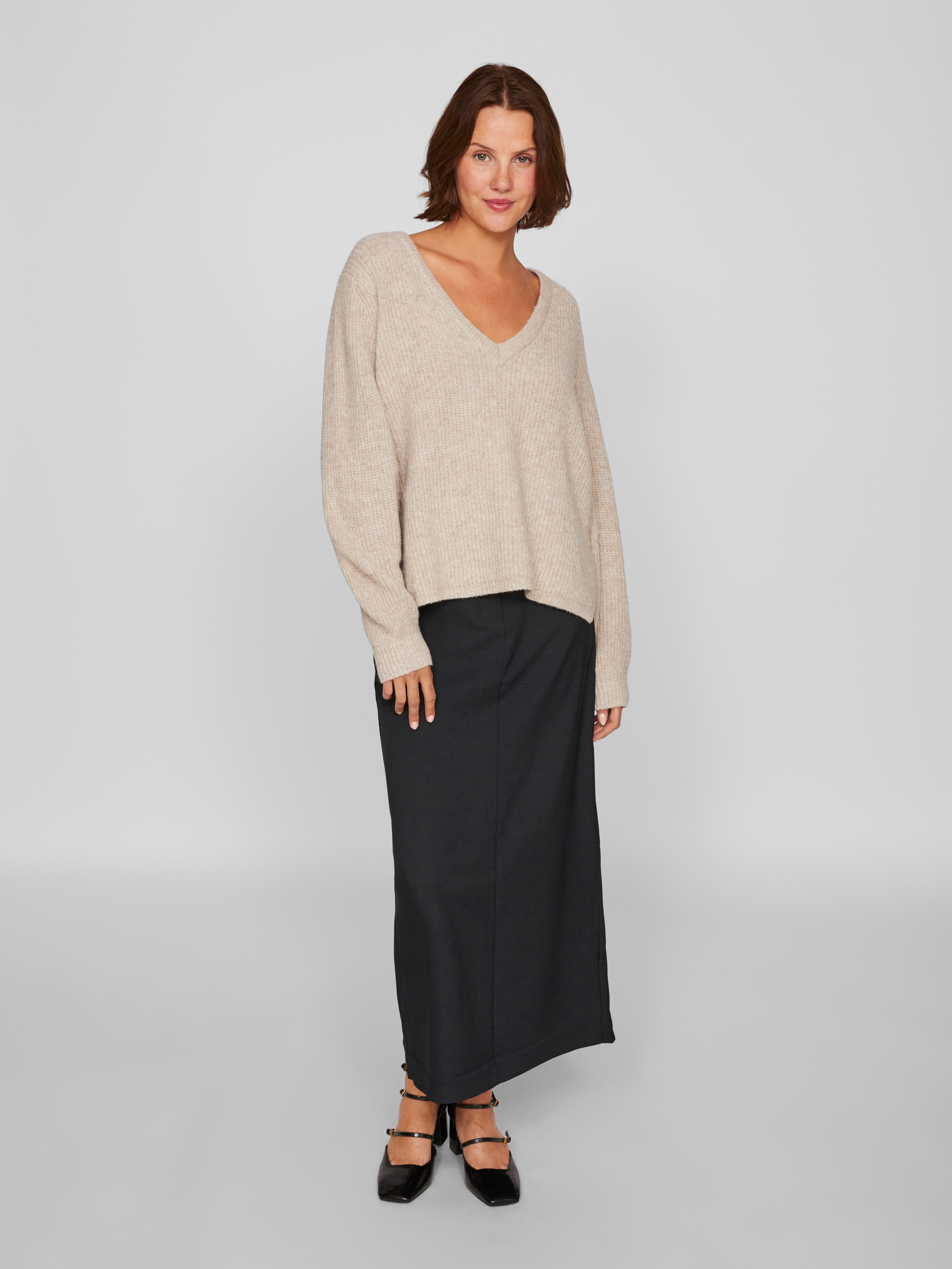 Vila  Vibeluna V-neck Rev L/S striktrøje - Natural Melange
