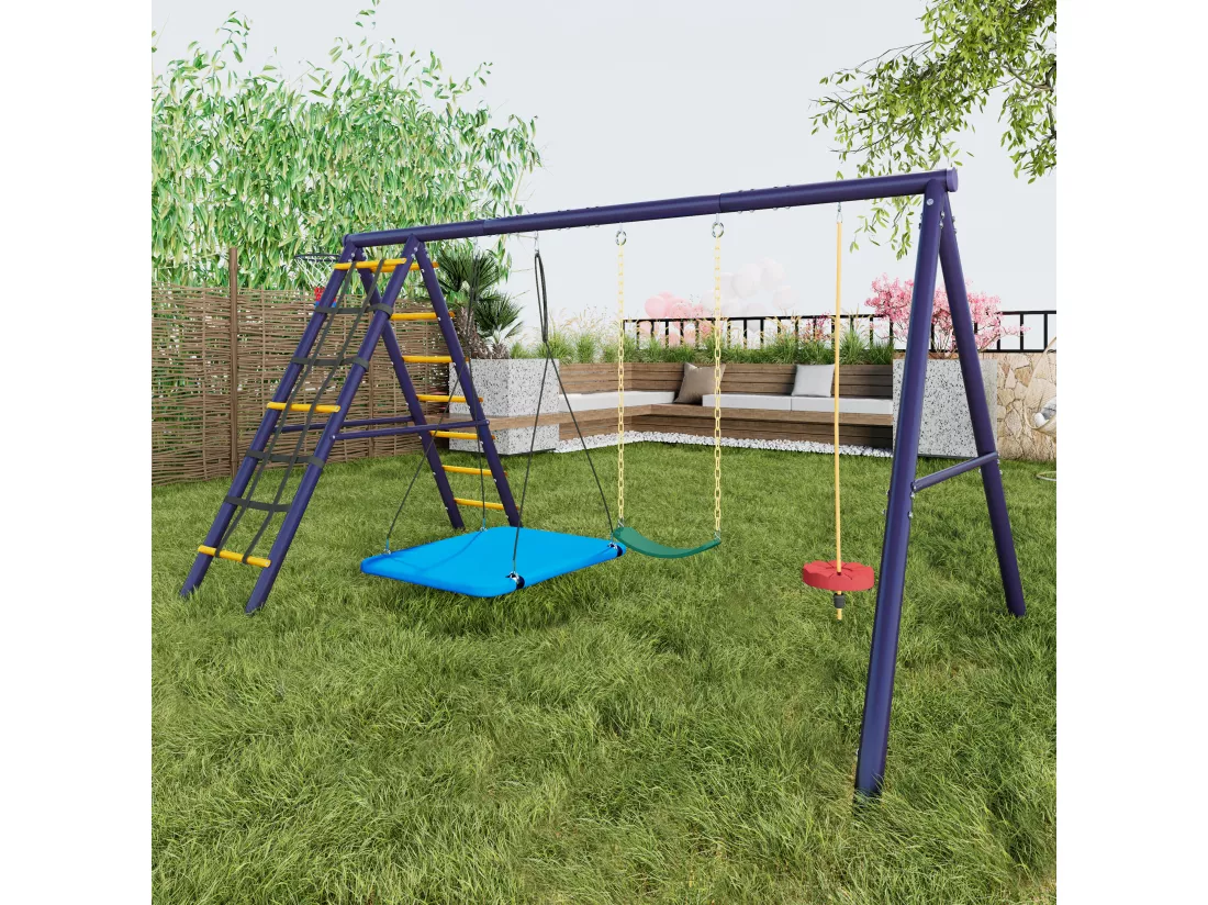 Ensemble balançoires enfants balançoires d'extérieur multifonctions - 310 x 174 x 203 - en matérie acier - avec escalade-bleu