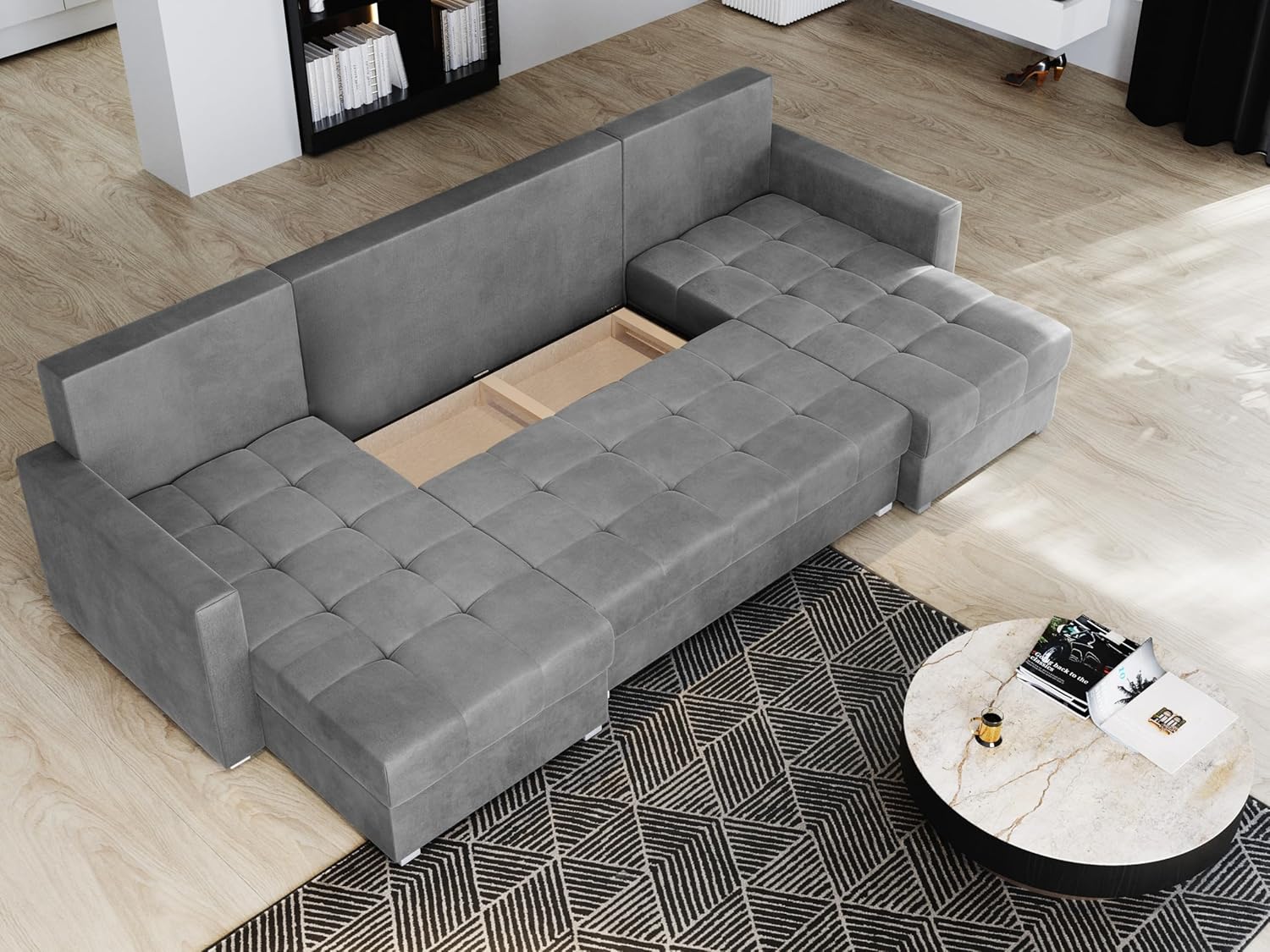 Masseno Ecksofa NAKO mit Schlaffunktion U-Form, Sofa mit Bettkasten, Wohnzimmersofa, Couch, Soffa, Bettsofa, Couchgarnitur- Schwarz, Kronos 07
