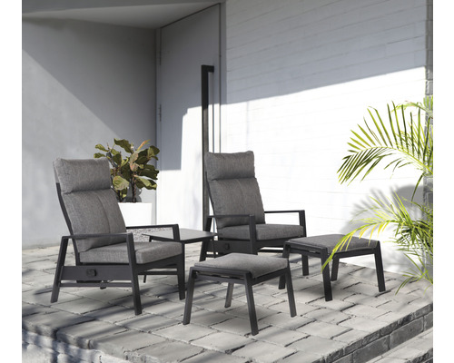 Garden Place Alissa 5-delige tuinloungeset, 2-zits, bestaande uit: 2 fauteuils, 2 krukken, tafel inclusief kussens, aluminium, zwart