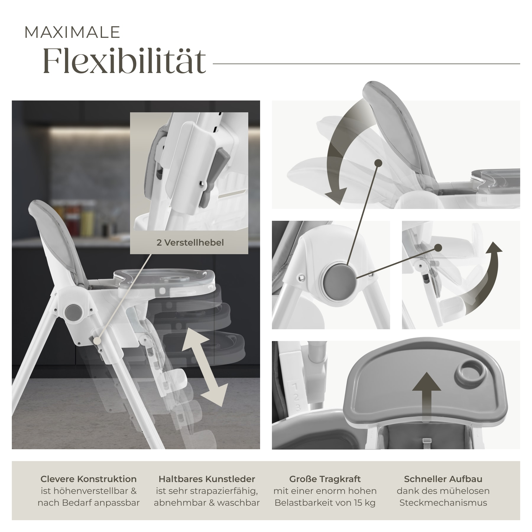 tectake® Hochstuhl, ab den ersten Lebensmonaten, klappbar, pflegeleichter, schmutzabweisender Kunstlederbezug, doppeltes Tablett, Belastbarkeit 15 kg, 55 x 91 x 95 cm