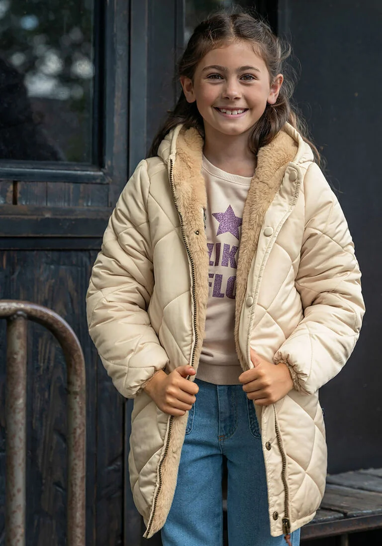 LIKE FLO beige like flo faux fur jas flo girls reversible hooded long jacket fancy quilting