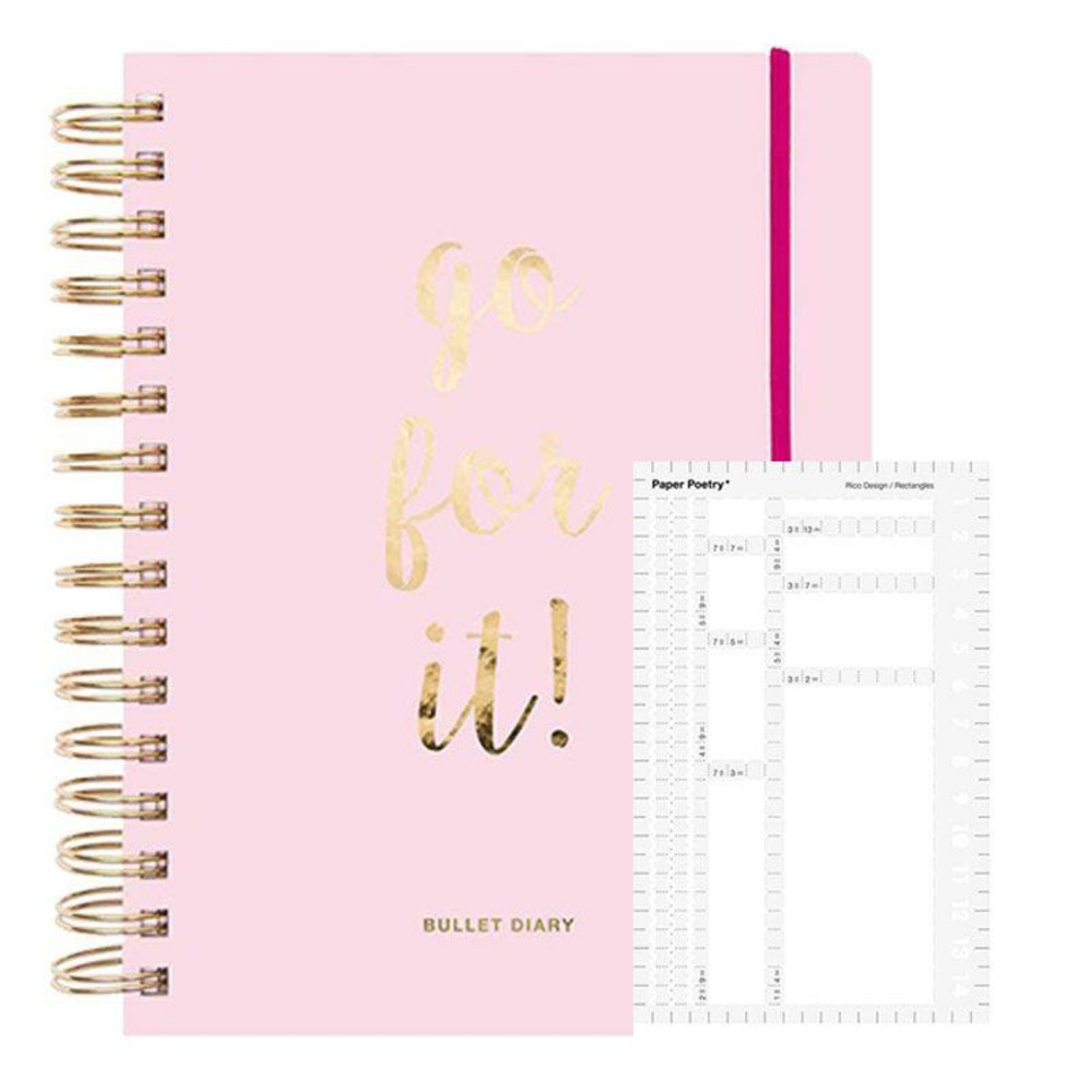 Agenda bullet journal rose à spirales 96 feuilles + pochoir rectangles