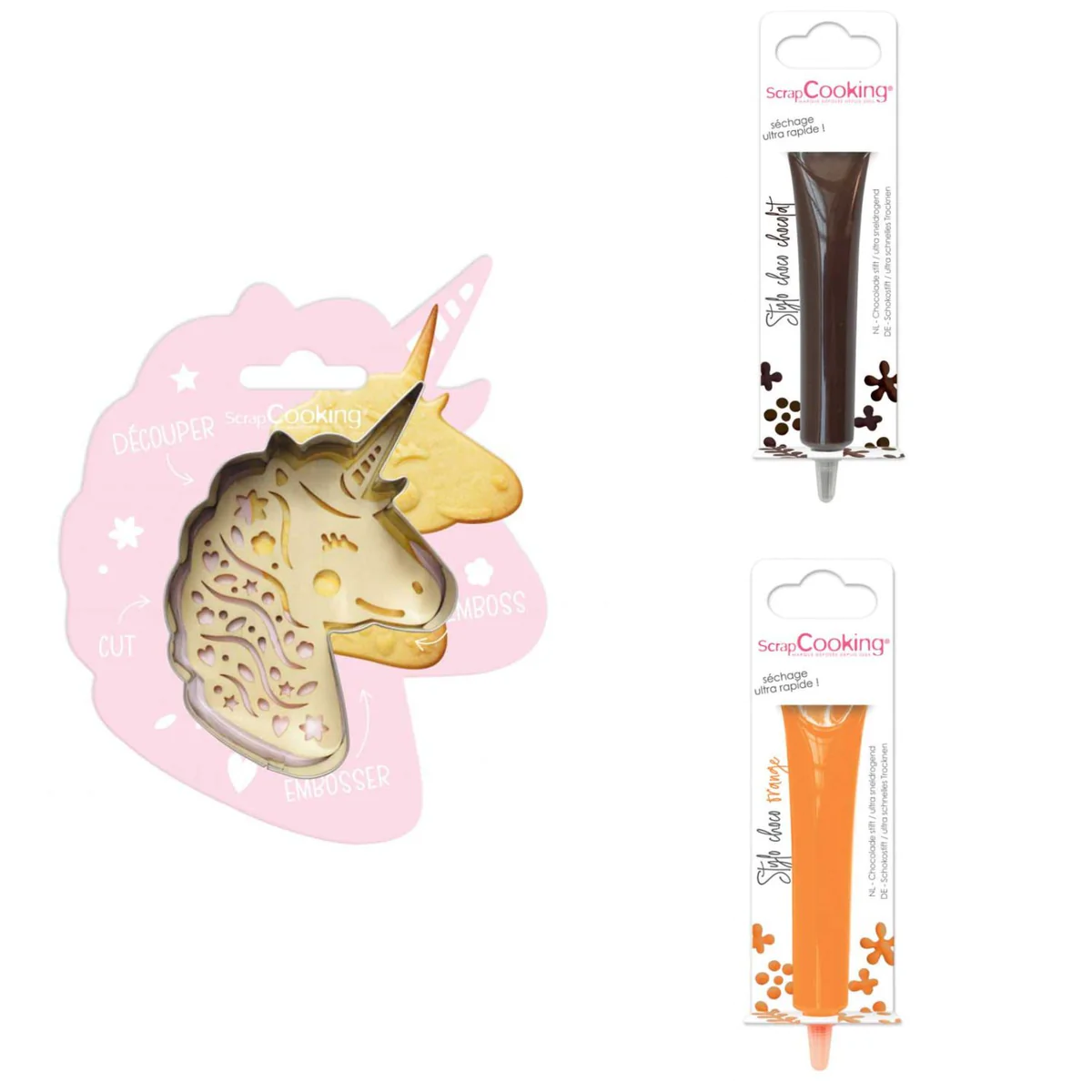 Kit pour biscuit en relief Licorne + 2 Stylos au chocolat marron et or