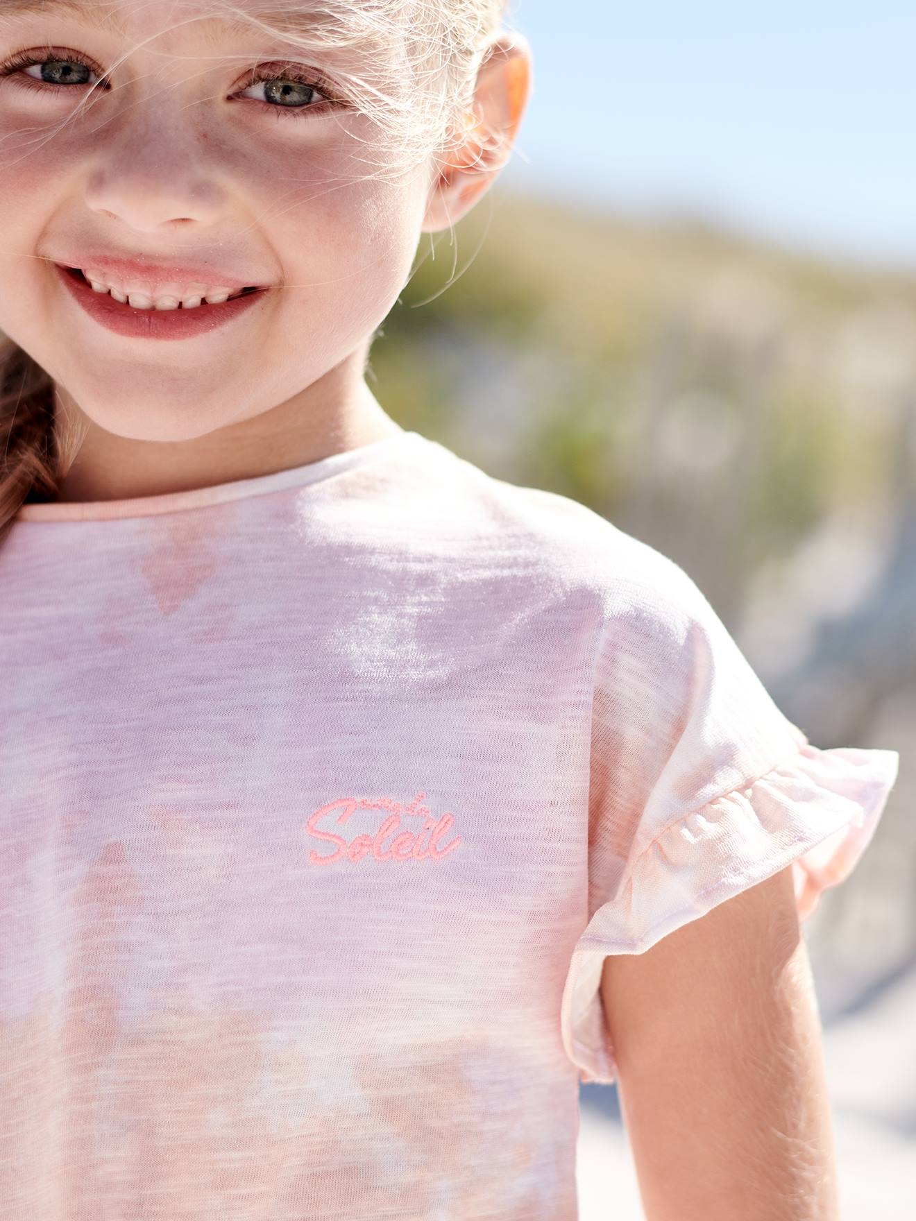 Camiseta de manga curta com efeito degradê e babados, para meninas, rosa claro bicolor/multicolorida.